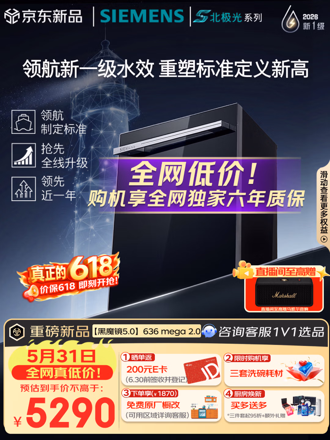 SIEMENS 西门子 26年新款旗舰 黑魔镜5.0 636Mega2.0嵌入式洗碗机 20套 凑单折后￥4527.18 返200元E卡