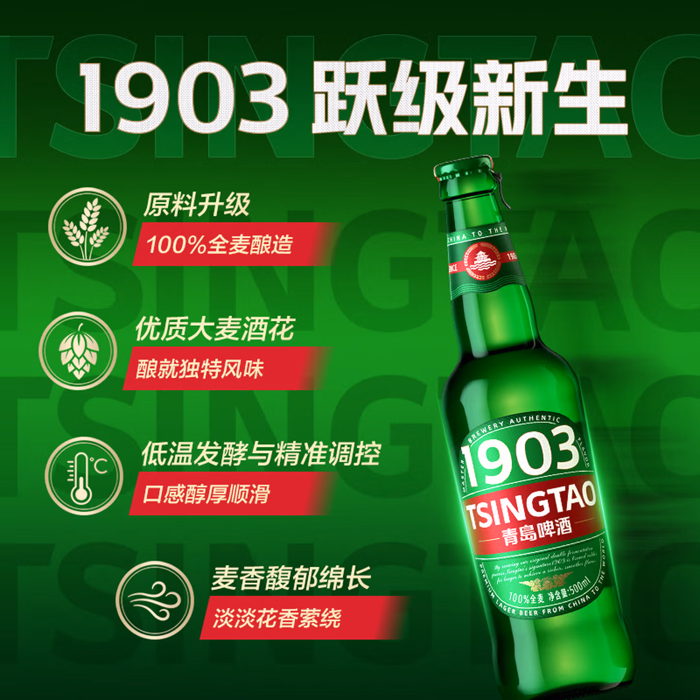 青岛啤酒 1903系列 100%全麦精酿啤酒 拉环瓶装 500mL*12瓶 Plus会员凑单折后￥65.54包邮