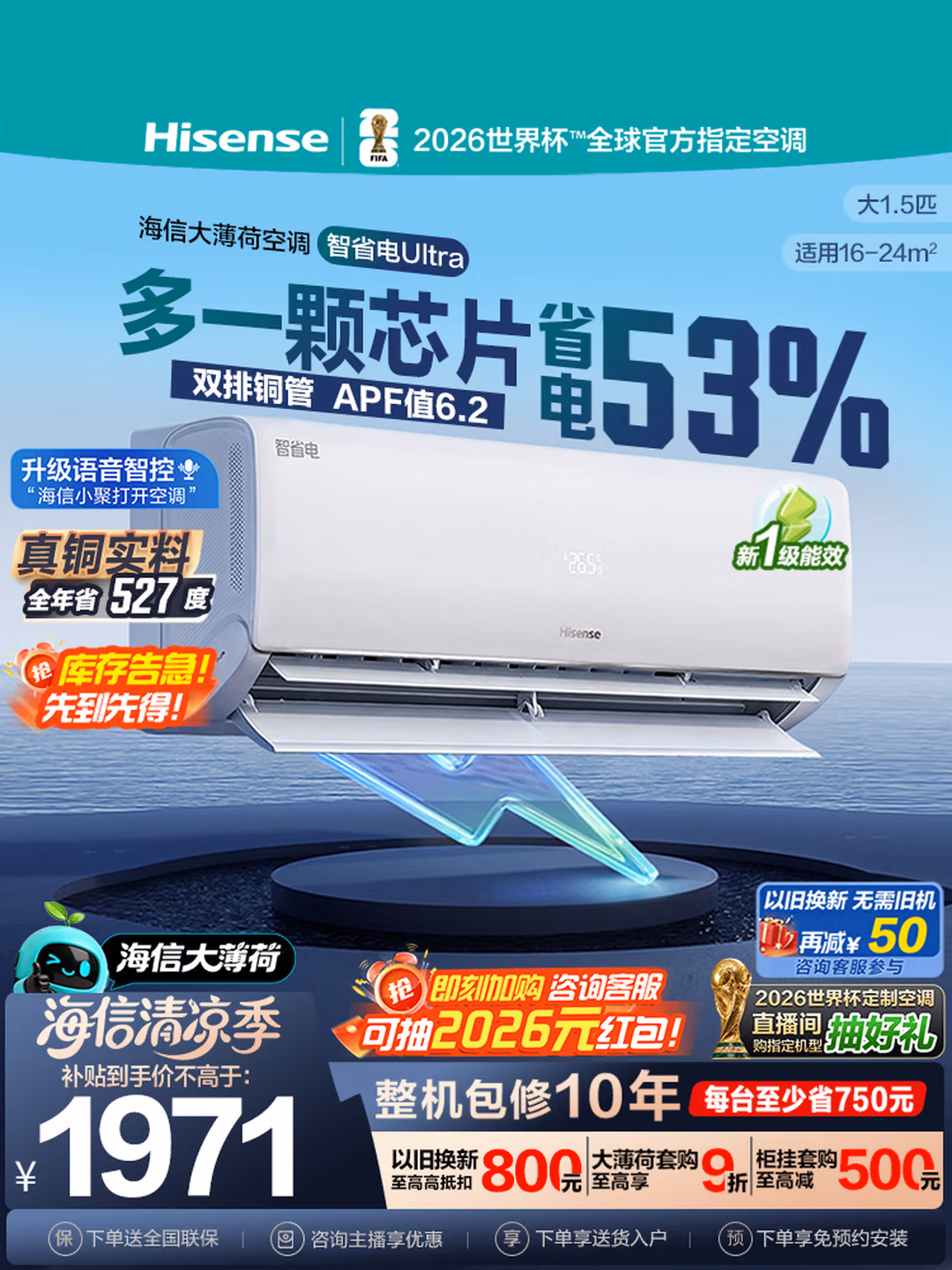 Hisense 海信 智省电ultra 大薄荷 壁挂式空调 KFR-35GW/A330UPro-X1 大1.5匹 凑单折后￥1538.8