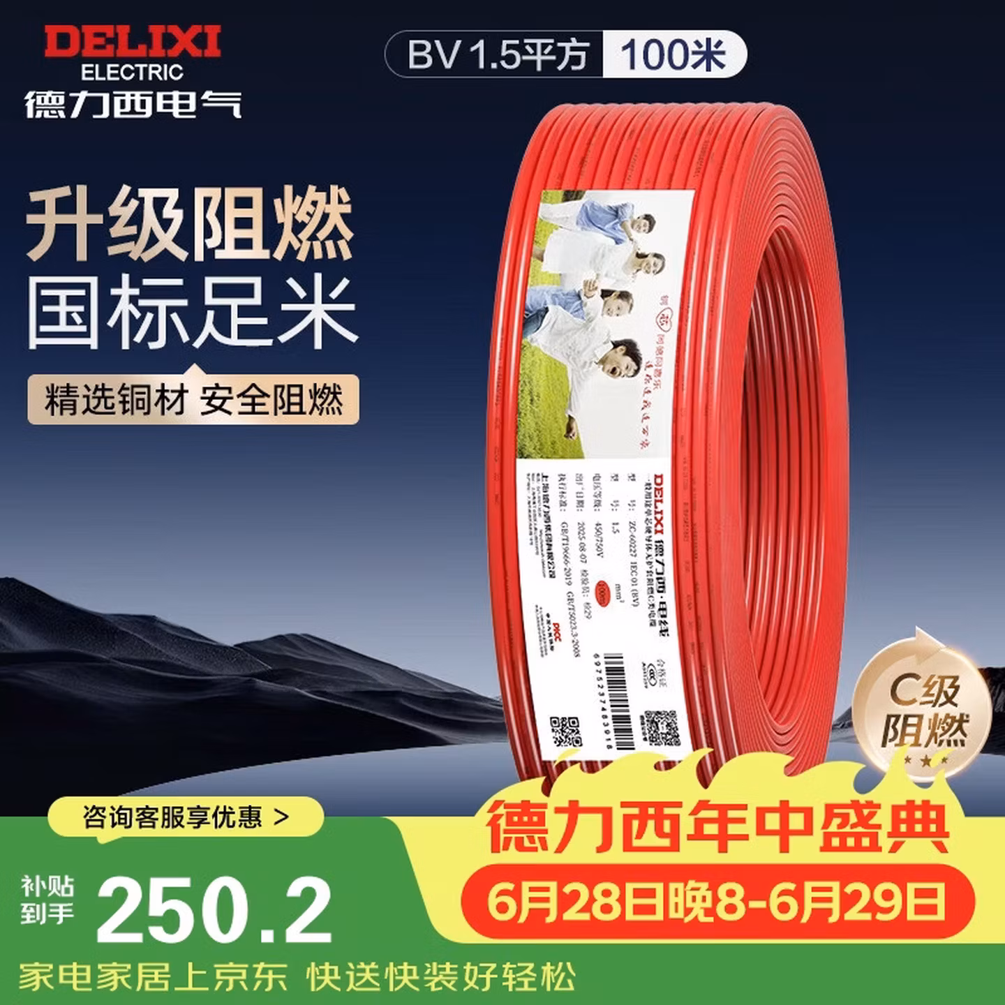 德力西（DELIXI）电线电缆ZC-BV1.5阻燃平方单芯单股家用铜芯电线100米红色