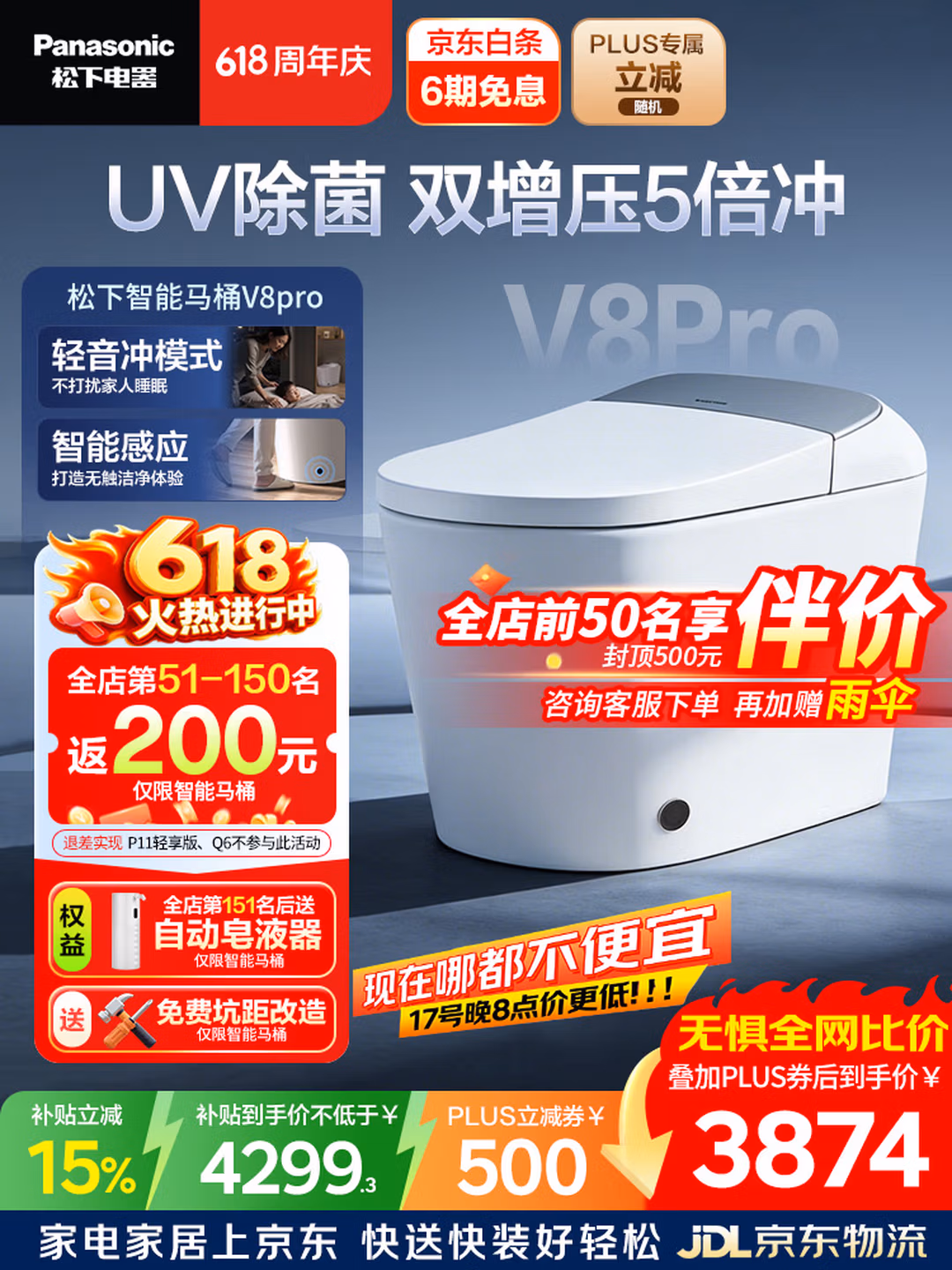 20点开始限150名 Panasonic 松下 V8pro CH2N551WSC 全能旗舰电动智能马桶 Plus会员凑单折后¥2845.6 晒单再返50红包