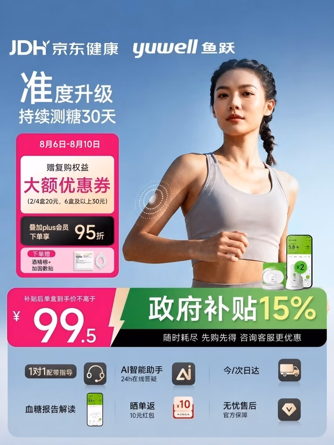 鱼跃（yuwell）Anytime4Pro动态血糖仪30天免扎手指家用监测仪1发射器+2传感器