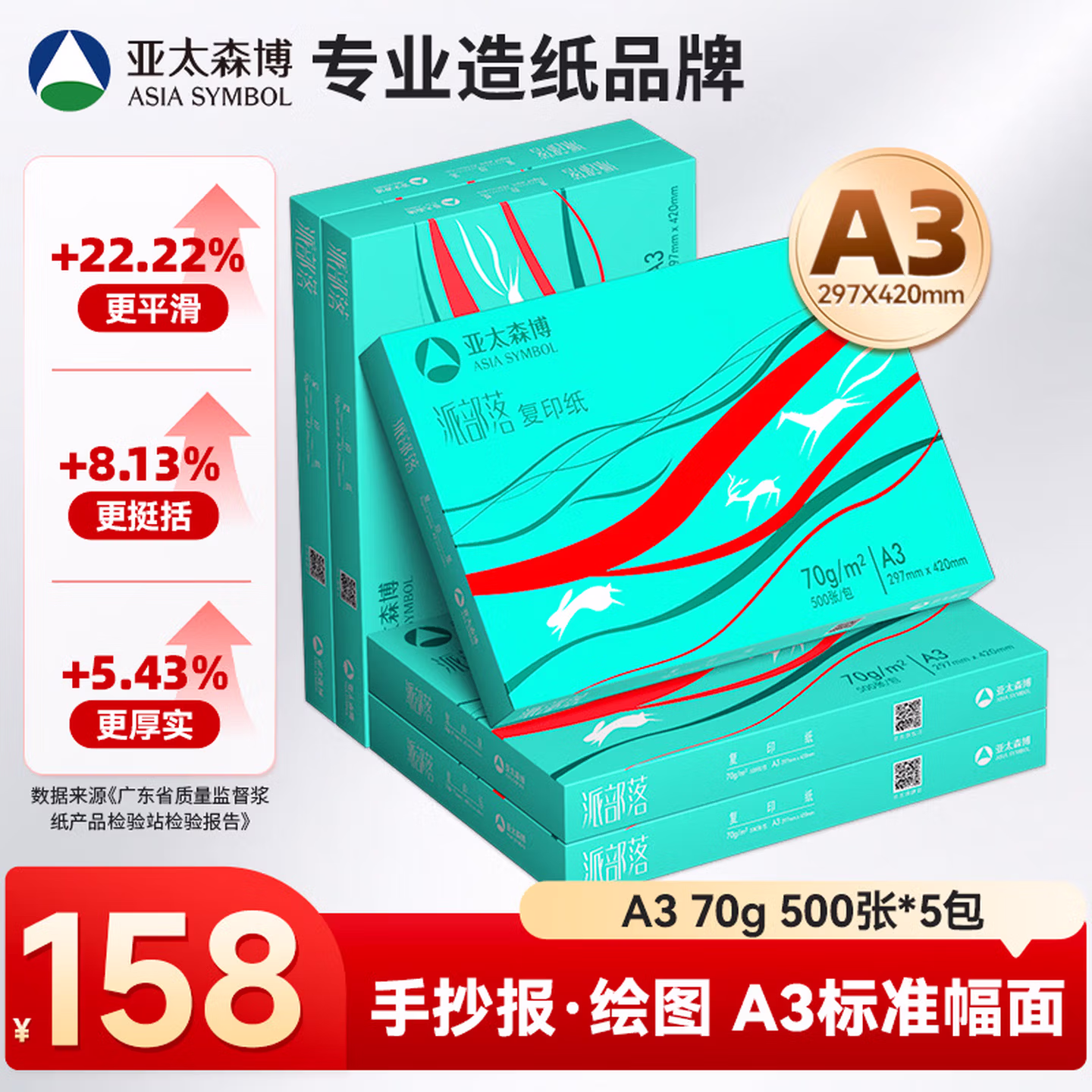 亚太森博派部落A3打印纸 70g500张*5包 双面绘图复印纸 高性价比 整箱2500张【专业造纸厂牌】
