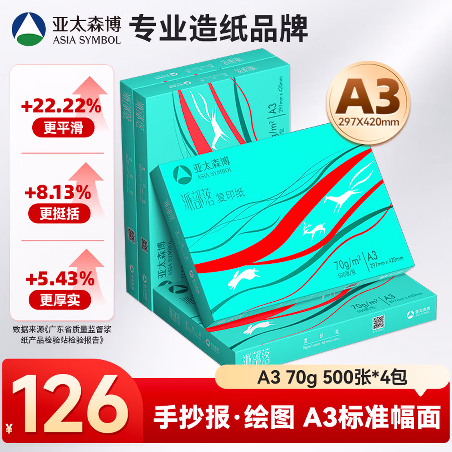 亚太森博派部落A3打印纸 70g500张*4包双面绘图复印纸 高性价比 整箱2000张【专业造纸厂牌】