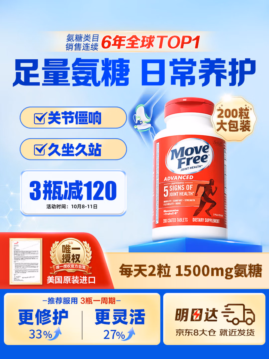 美国进口 Move Free 益节 维骨力 氨糖软骨素 红瓶 200粒*3瓶 京东优惠券折后￥607