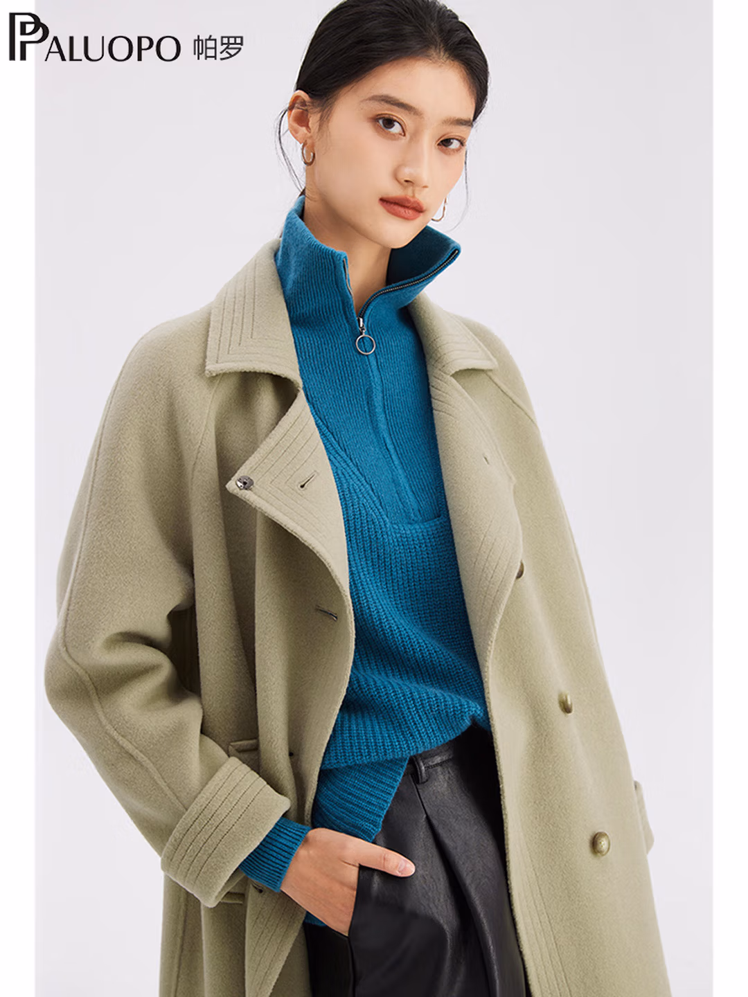 PALUOPO 帕罗 100%绵羊毛  翻领压线设计 女式中长款双面呢羊毛大衣 ET22677D 双重优惠折后￥579 两色可选