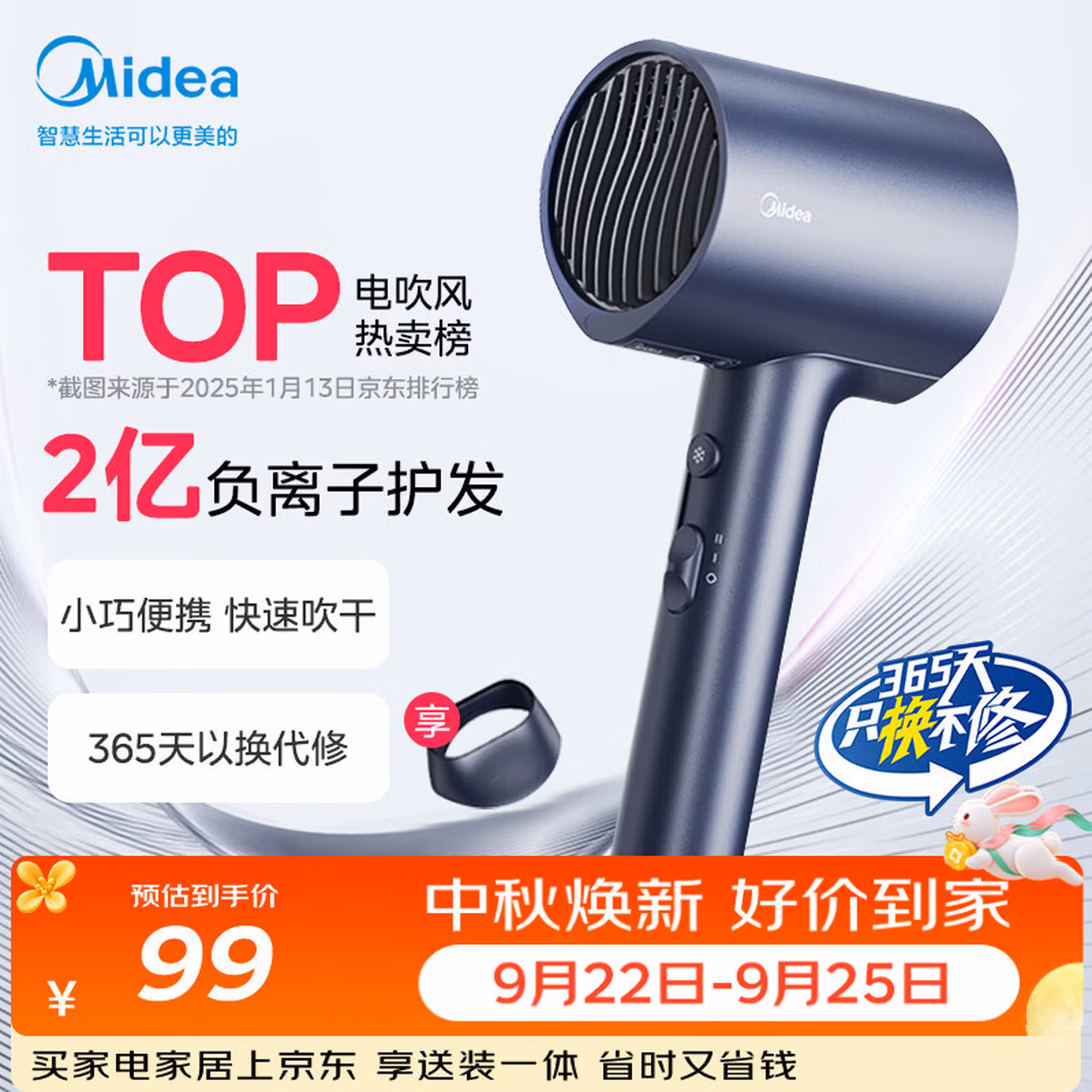 美的（Midea）2亿负离子护发电吹风 MB-AJ0503星夜蓝