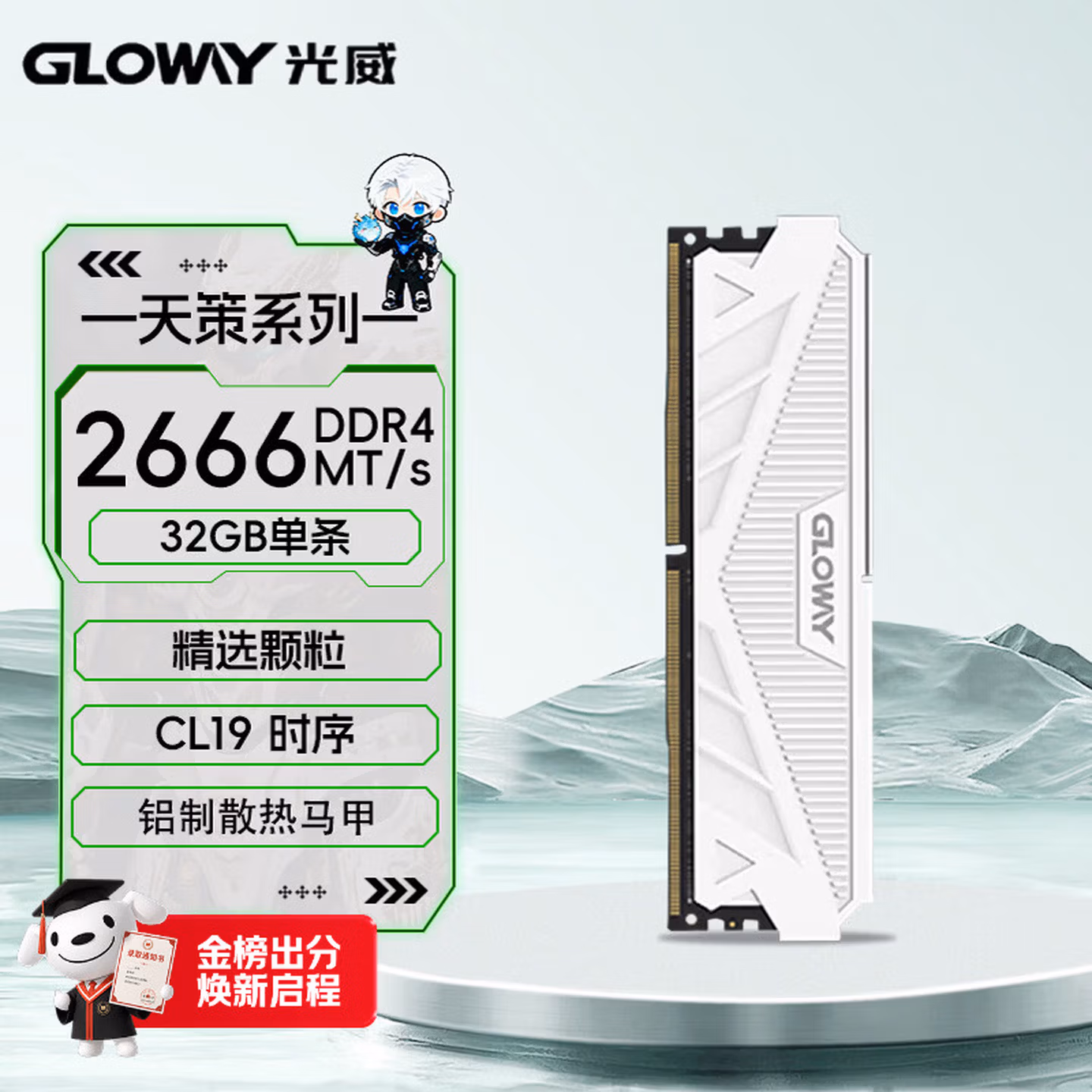 光威（Gloway）32GB DDR4 2666 台式机内存条 天策 马甲条 精选颗粒 CL19 皓月白