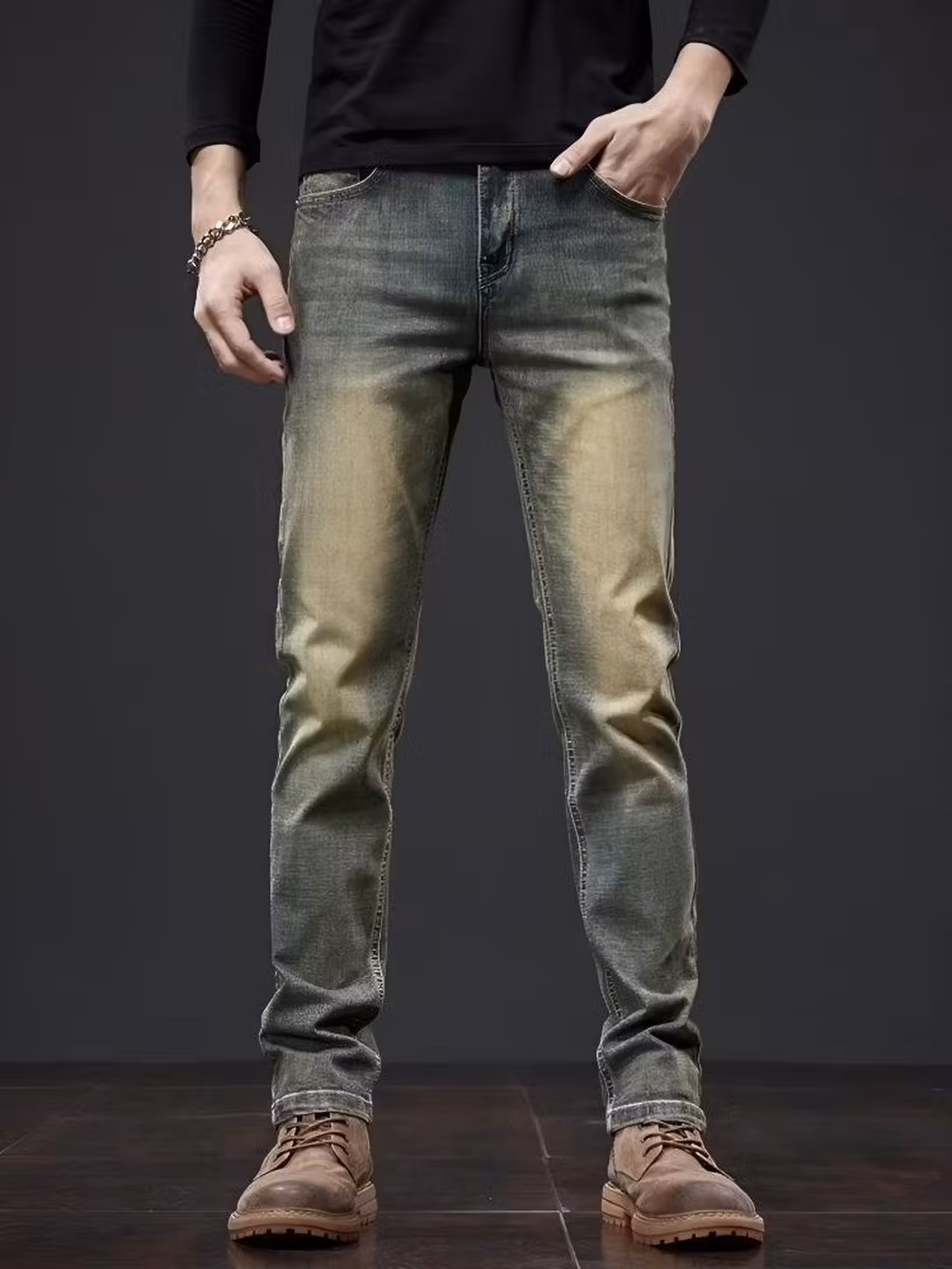 High-end Retro Jeans Men's 2026 New Yellow Mud Dyed Washed Old Casual Pants Straight Slim-fitting Pants, Blue 28_viptrois.com