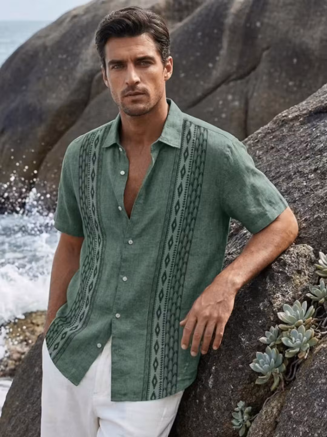 Short-sleeved Shirt Men's Printed Beach Couple Shirt 2026 Summer New Casual Flower Shirt Men's Clothes, Green L_viptrois.com