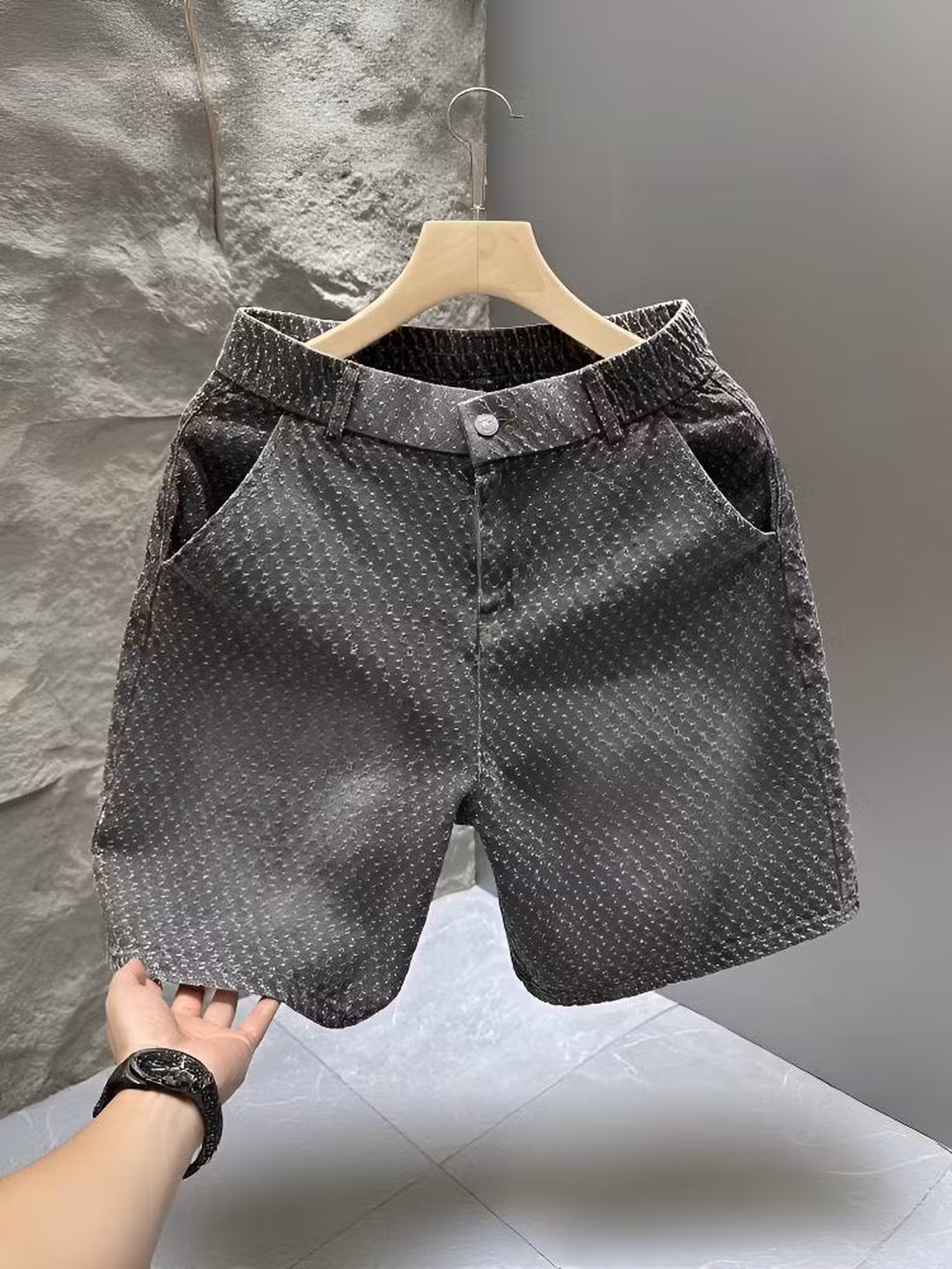 Retro Old Jacquard Denim Shorts Men's Summer American Vibe Ruffian Handsome Casual Pants Loose Straight Five-point Pants, Black M_viptrois.com