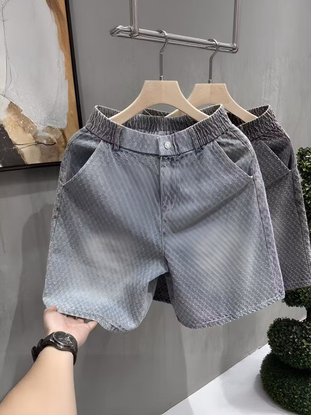 Retro Old Jacquard Denim Shorts Men's Summer American Vibe Ruffian Handsome Casual Pants Loose Straight Five-point Pants, Black M_viptrois.com