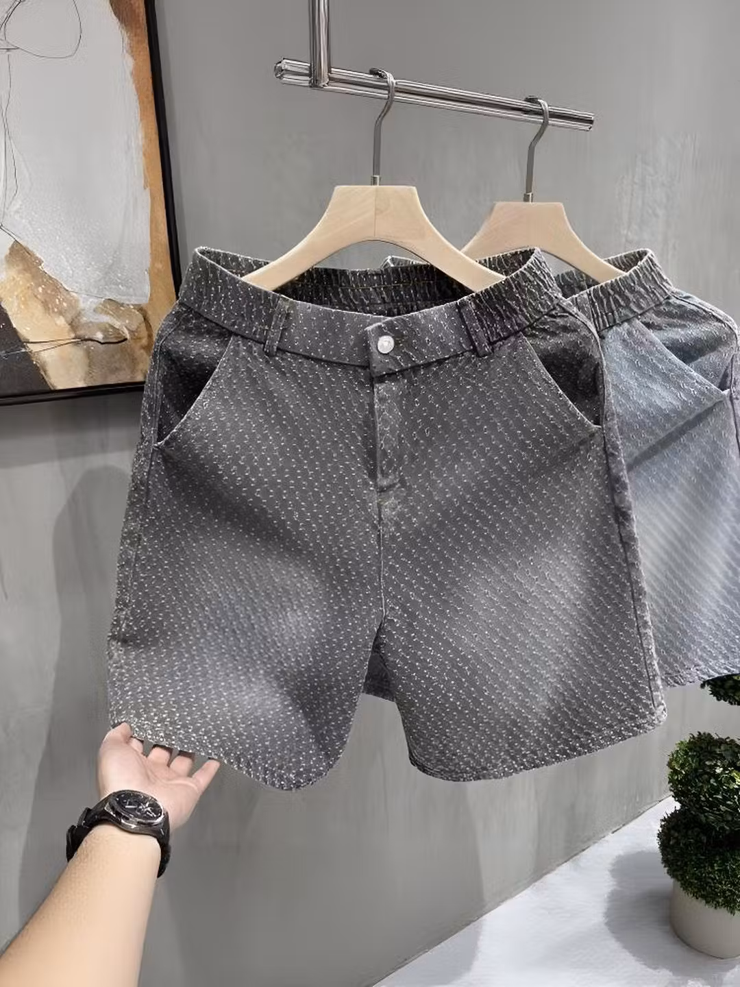 Retro Old Jacquard Denim Shorts Men's Summer American Vibe Ruffian Handsome Casual Pants Loose Straight Five-point Pants, Black M_viptrois.com