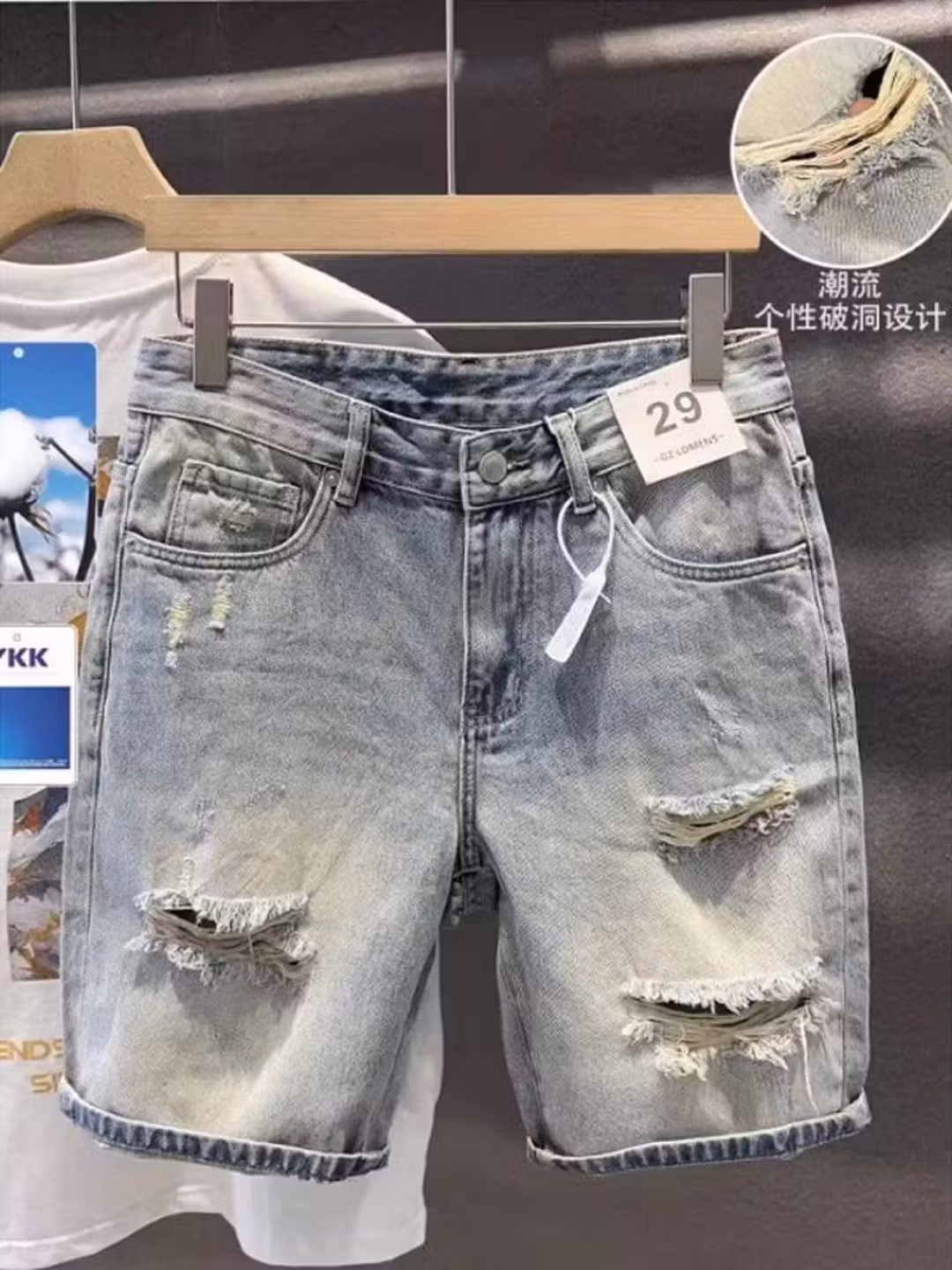 2026 Summer Trendy Brand Beggar Ripped Scratched Denim Shorts Men's Korean Version Trendy Straight Casual Five-point Pants, Blue 28_mkmklike.com