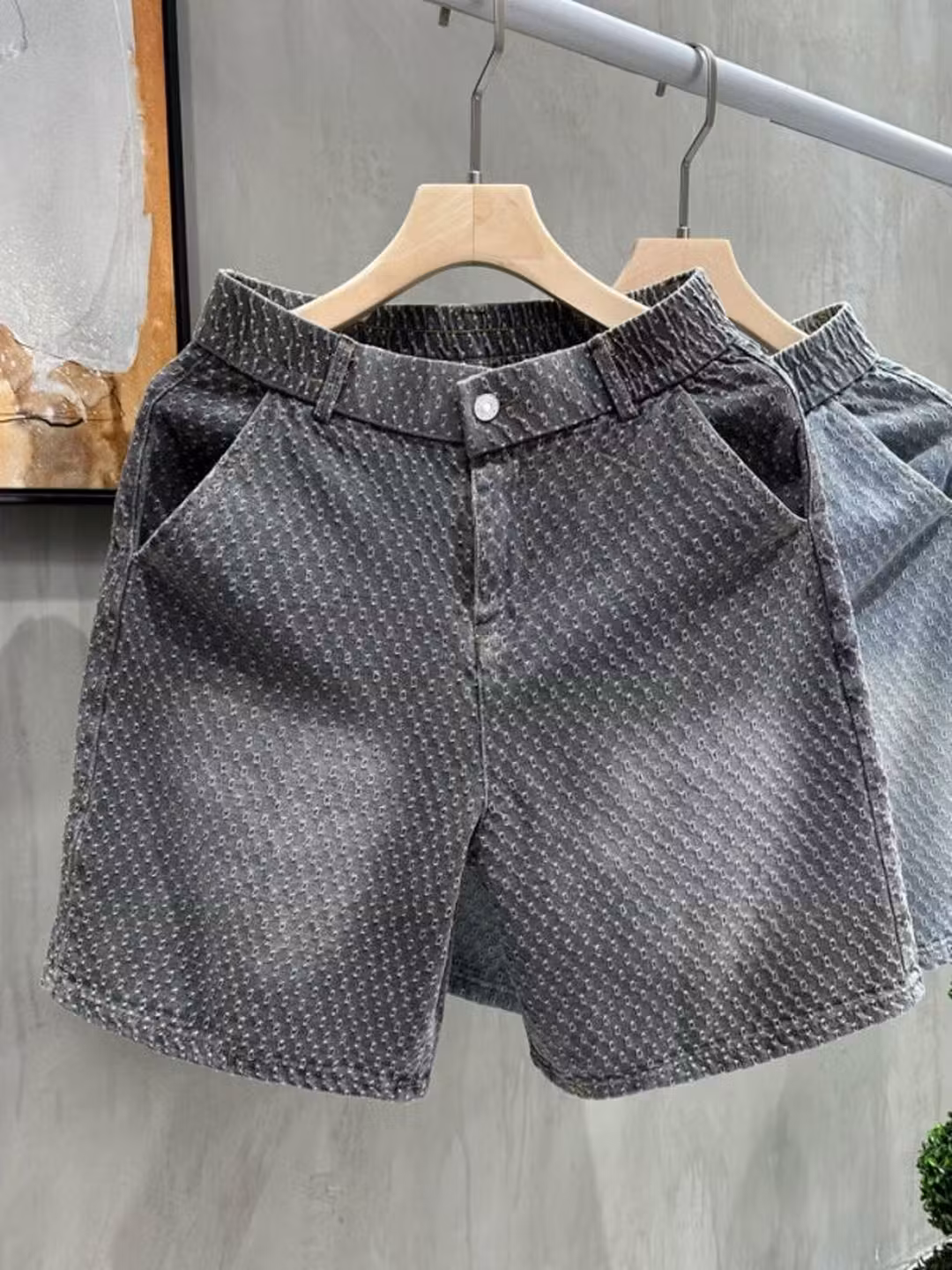 Retro Old Jacquard Denim Shorts Men's Summer American Vibe Ruffian Handsome Casual Pants Loose Straight Five-point Pants, Black M_viptrois.com