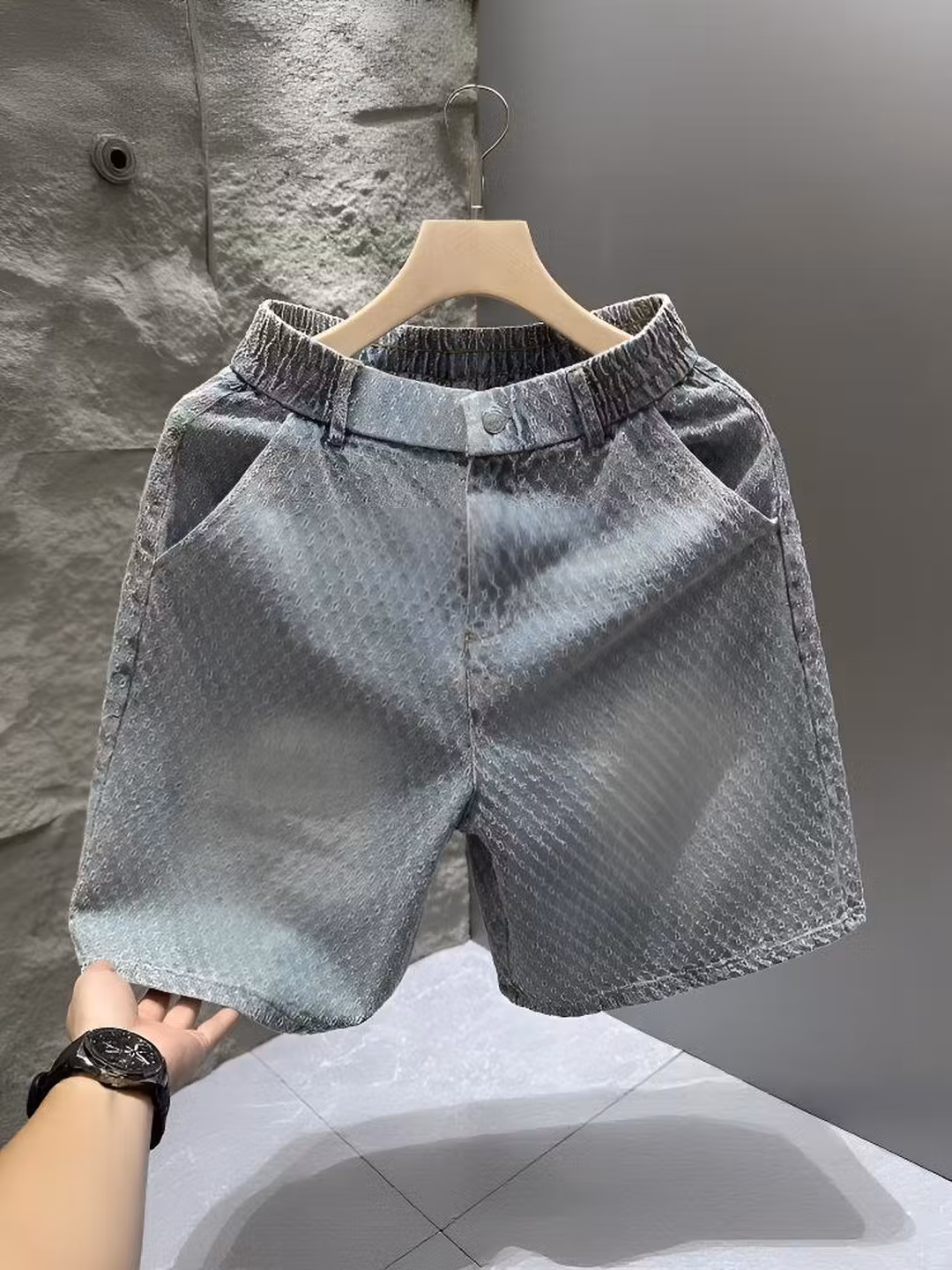 Retro Old Jacquard Denim Shorts Men's Summer American Vibe Ruffian Handsome Casual Pants Loose Straight Five-point Pants, Black M_viptrois.com