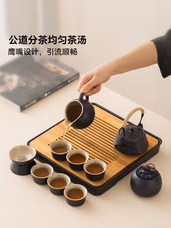 京东京造 茶具整套 功夫茶具陶瓷套装茶壶茶杯茶盘【黑陶提梁壶】 12件套