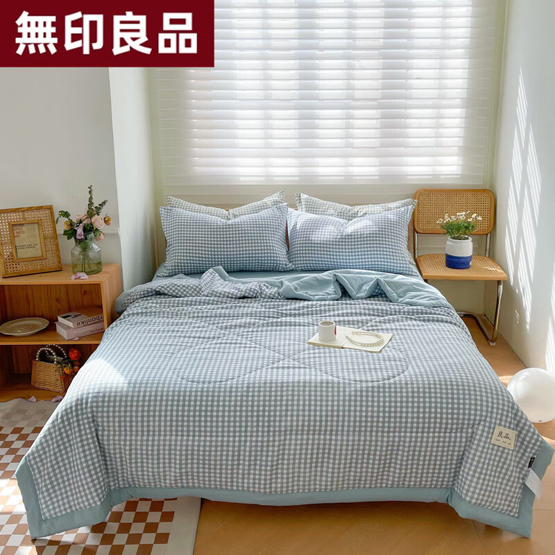 【JD旗舰店】無印良品 A类超柔水洗棉空调被 蓝小格