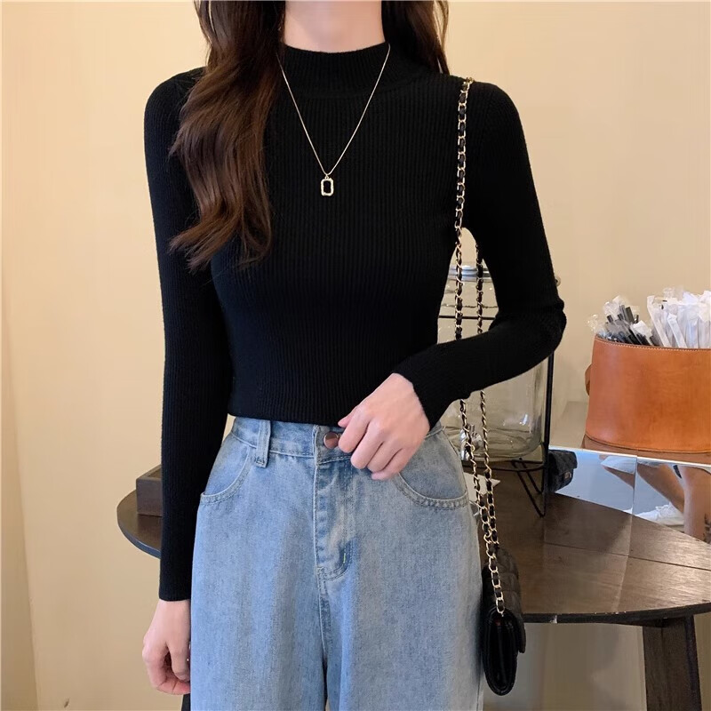 【旗舰店】诗莉奥（SHILIAO）半高领针织长袖打底衫女 黑色 均码