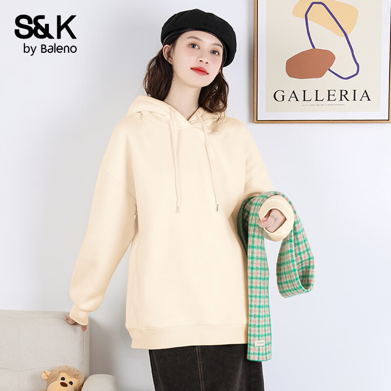 【任选2件61.8包邮】班尼路 S&K系列女士加绒卫衣 杏#纯色 【重磅摇粒绒】