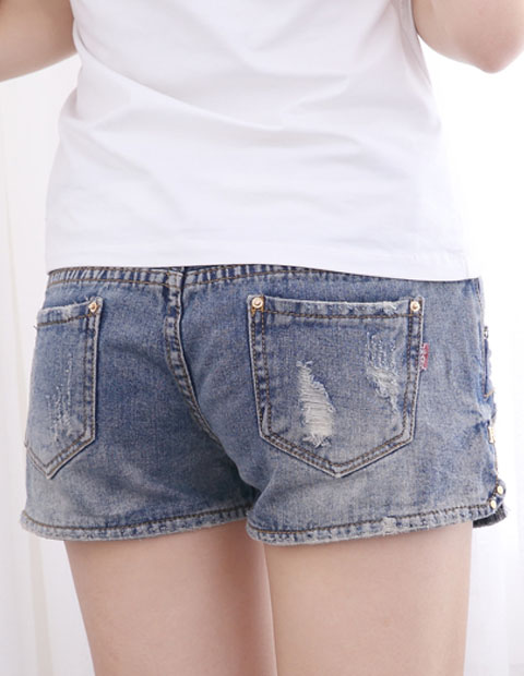 韩版新款修身提臀包臀磨砂破洞铆钉超短齐b短牛仔热裤牛仔短裤休闲裤