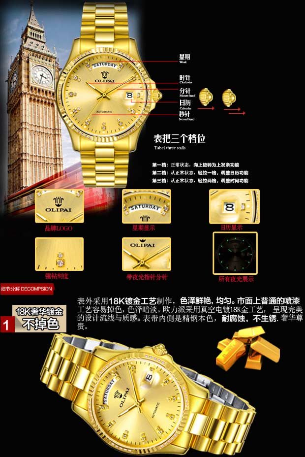 欧力派(olipai)背透夜光自动机械表镶钻18k金表双历防水男士手表jt
