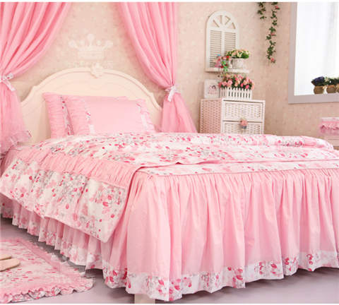 水晶之恋 韩式公主床上用品四件套田园风碎花床裙纯棉被套粉色儿童