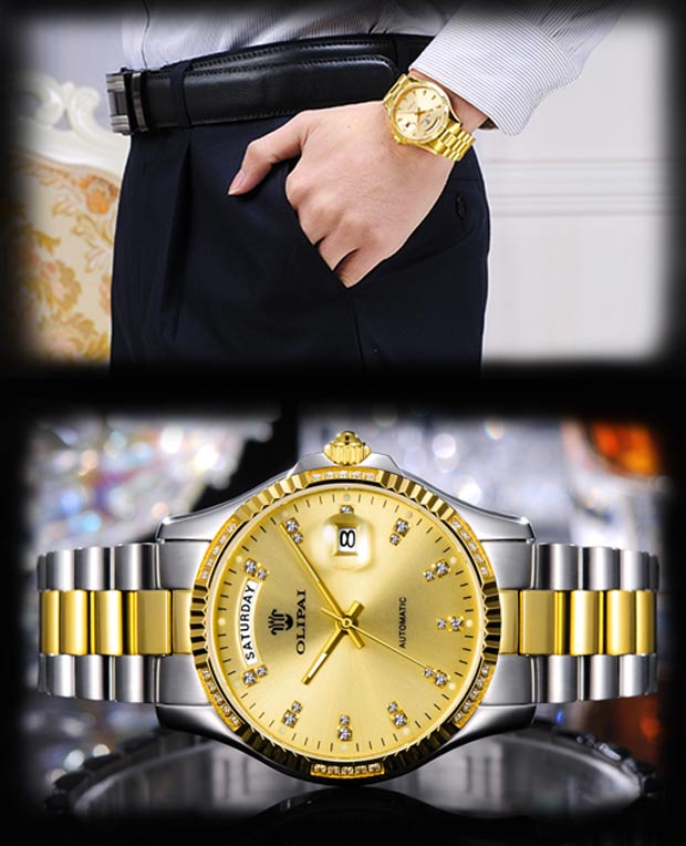 欧力派(olipai)背透夜光自动机械表镶钻18k金表双历防水男士手表jt