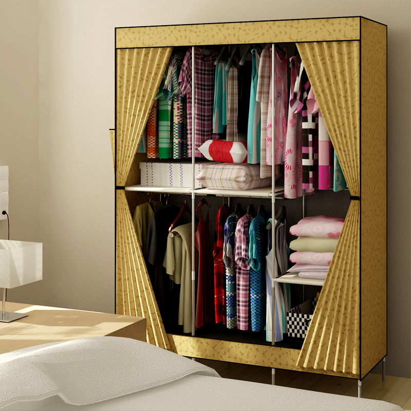 帕菲特 新款简易衣柜 多功能拆装布衣柜 窗帘式布衣橱pft140305f 杏色