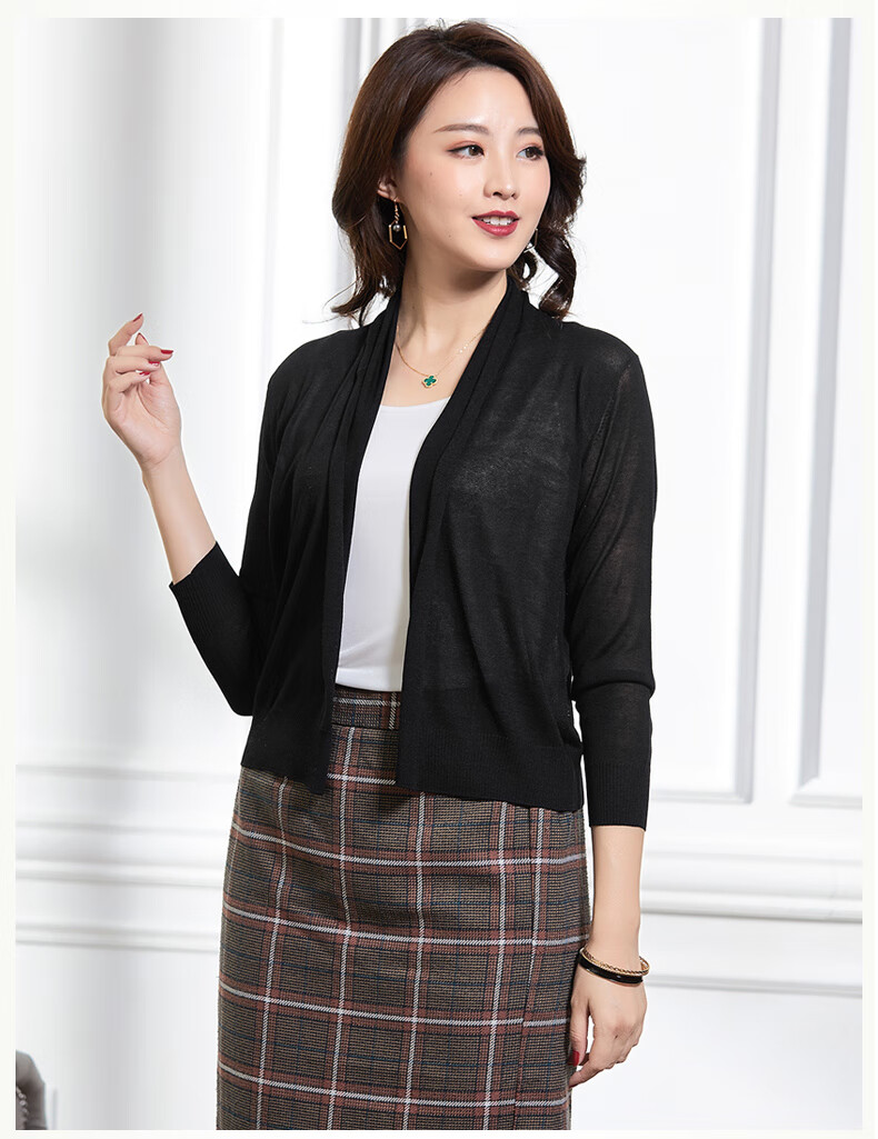 蓝之蓓秋季薄款针织衫真丝短外套女长袖毛衣桑蚕丝宽松外搭开衫披肩