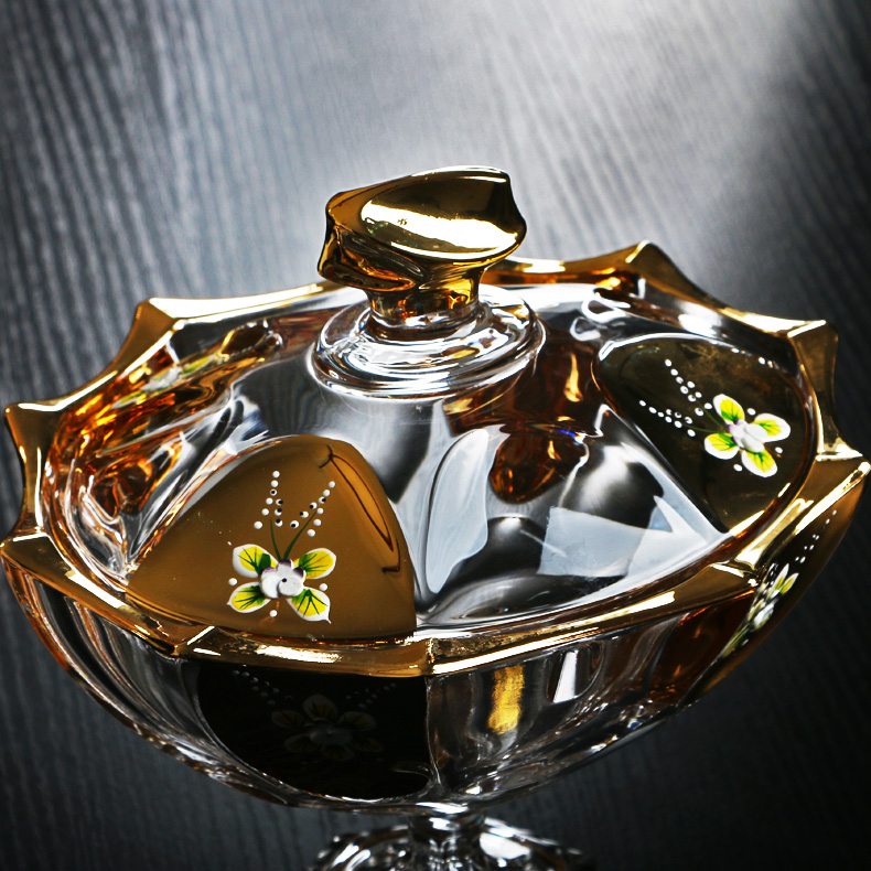 摆件带盖糖果盘干果盘零食水果盘时尚珐琅 款式五:金边卡里索高脚款