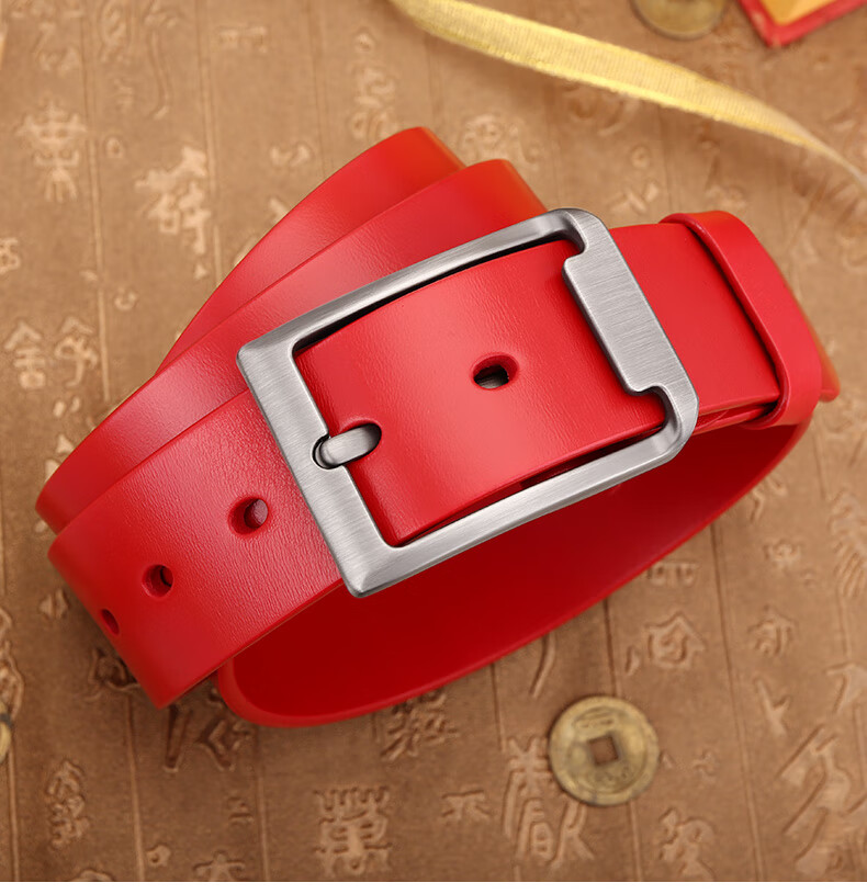 牛当家本命年红皮带男红腰带真皮针扣红裤腰带头层牛皮带1101 1101