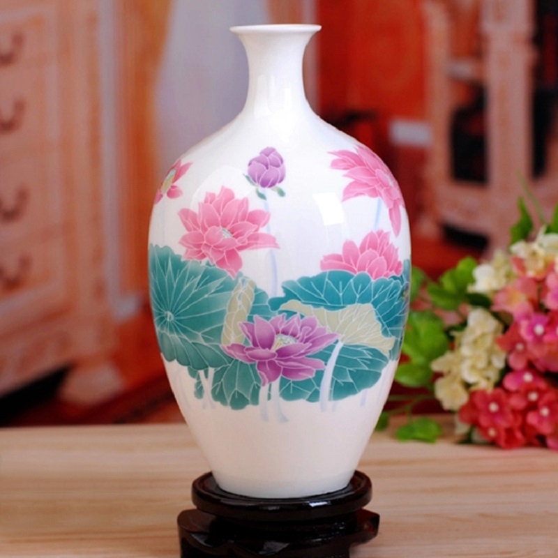 景德镇釉下五彩荷花骨瓷花瓶 陶瓷创意家居装饰工艺品摆件 富贵瓶