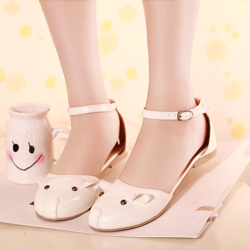 15春夏新品侧空圆头女鞋平跟休闲甜美学院风可爱一字式扣带平底鞋