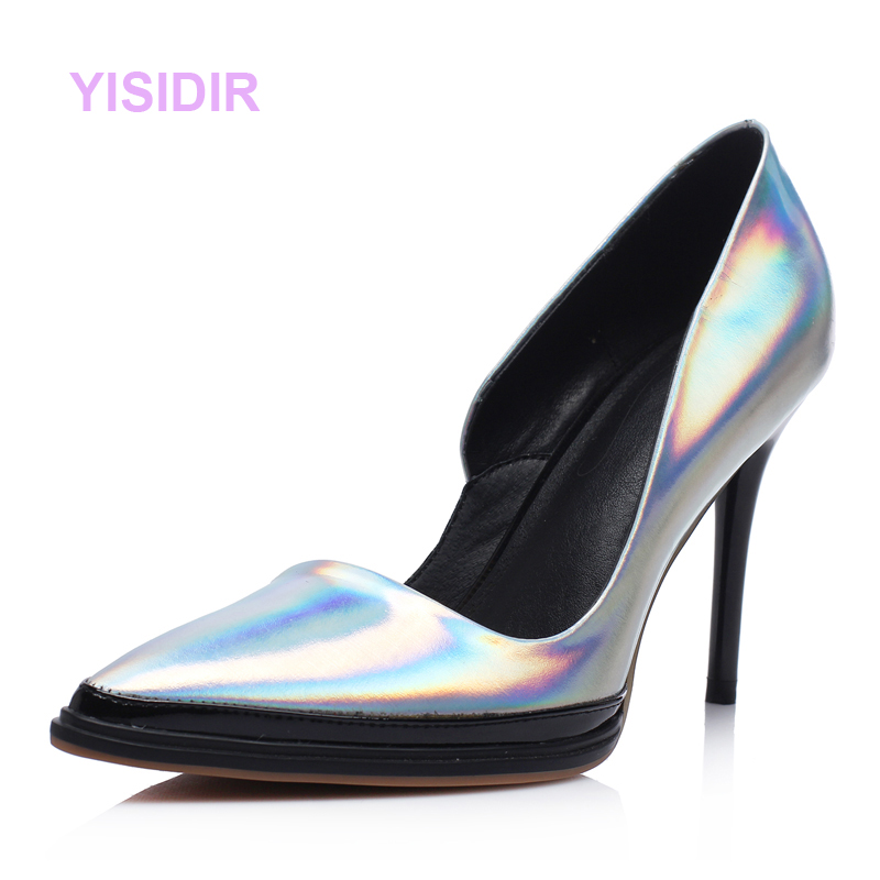 依思蒂 yisidir 2015新款高跟单鞋浅口宴会百搭尖头鞋真皮炫彩银色细