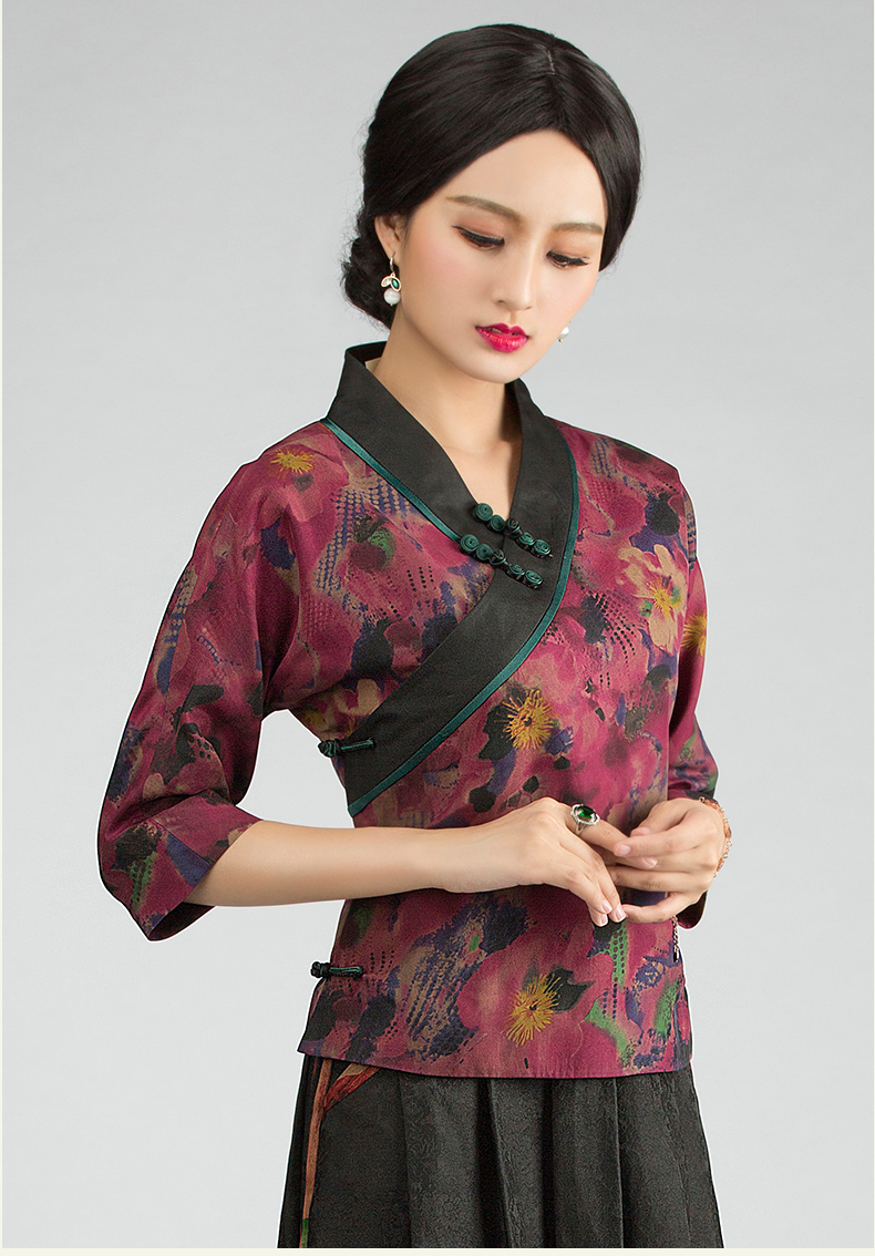 华族经典盘扣上衣女夏民国风复古女装中式禅意女装真丝唐装旗袍 真丝