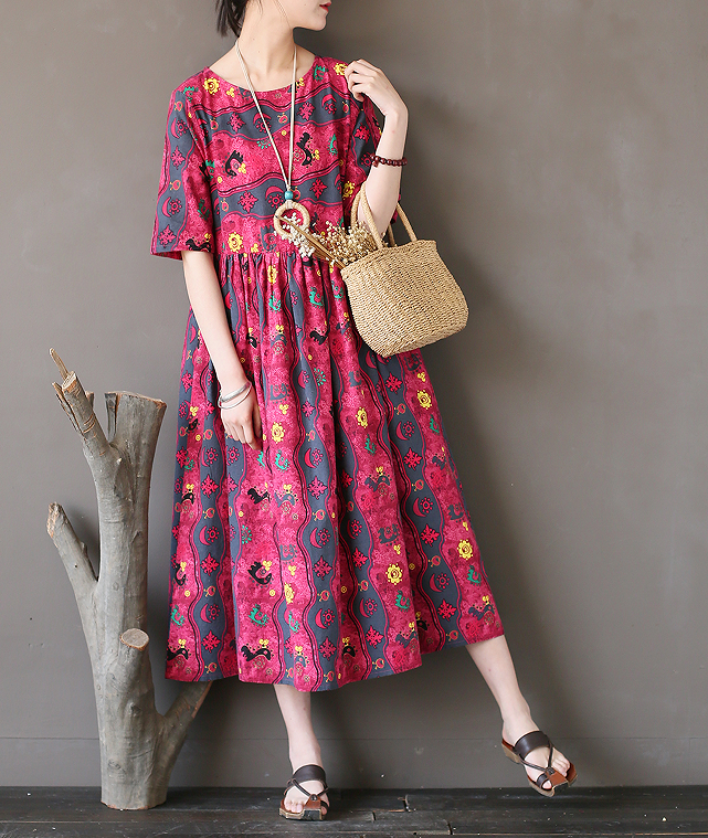 如素慢衣夏季新款文艺复古民族风印花做旧棉麻宽松连衣裙h12779 蓝色