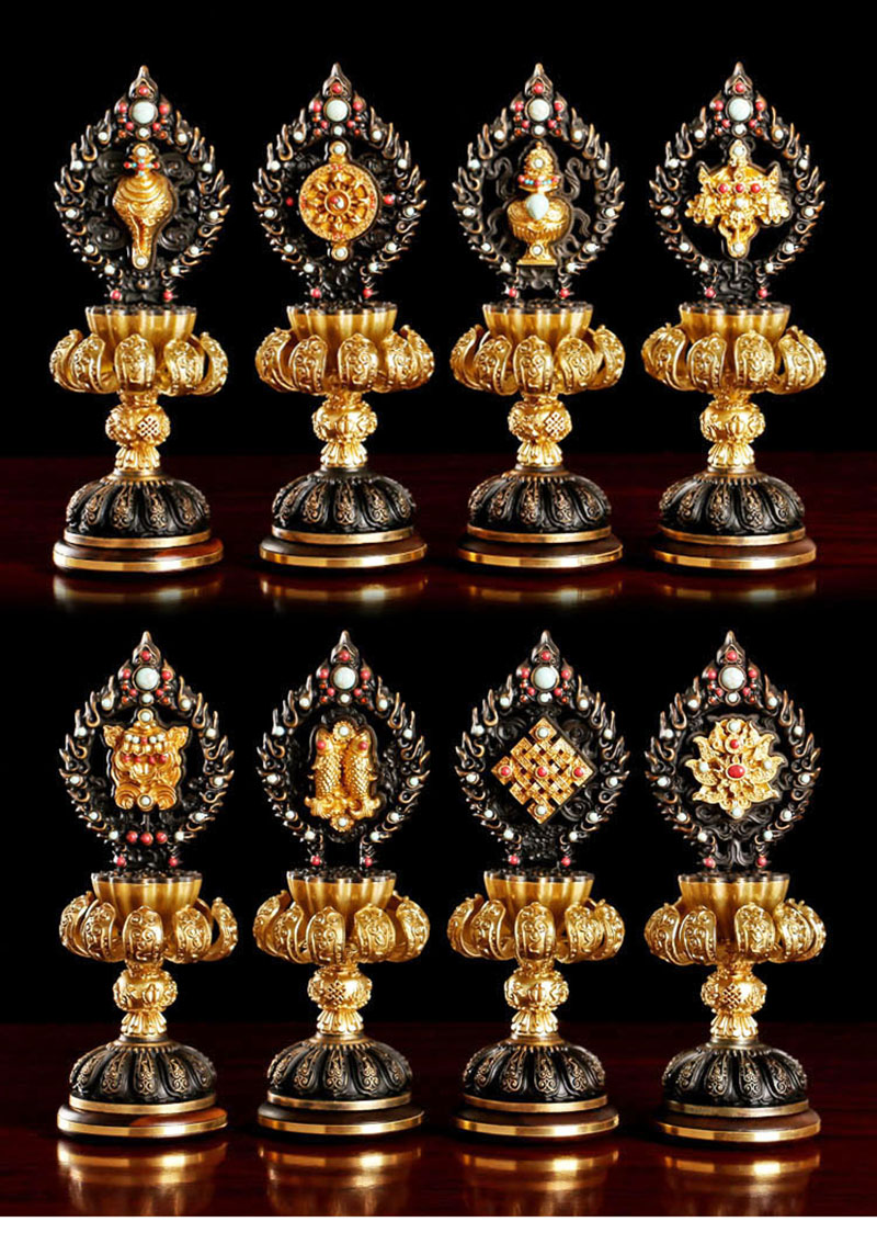 台湾铜鎏金八吉祥摆件供佛七珍八宝藏传密宗高脚纯铜家用供佛用品7寸