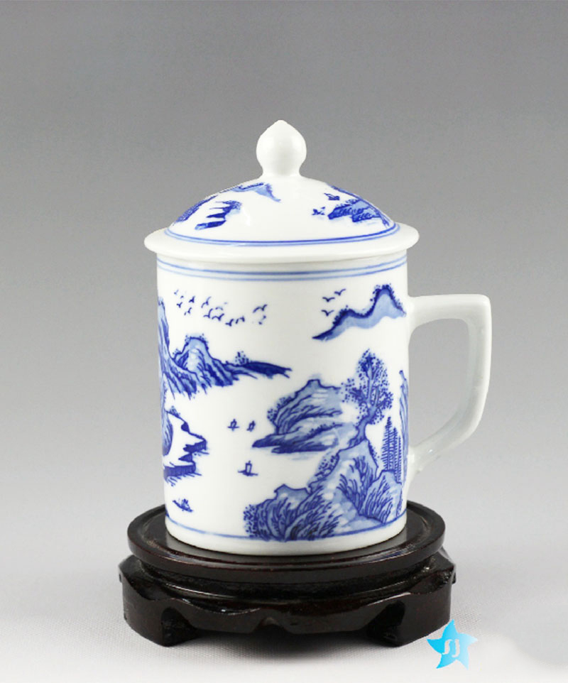 荣窑坊景德镇陶瓷青花瓷茶杯马克杯瓷杯老板杯水杯带盖特价釉把子老式