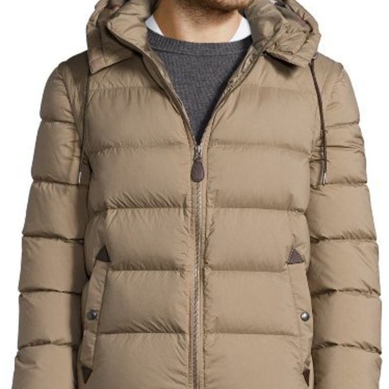 巴宝莉/burberry basford 英伦风灰褐色棕色皮革修饰连帽多穿法羽绒