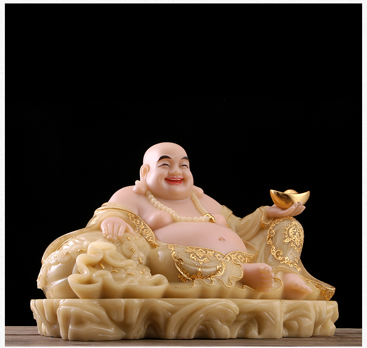 圆通工艺 弥勒菩萨佛像宽体笑佛汉白玉雕镶金大肚开口家居摆件迎客