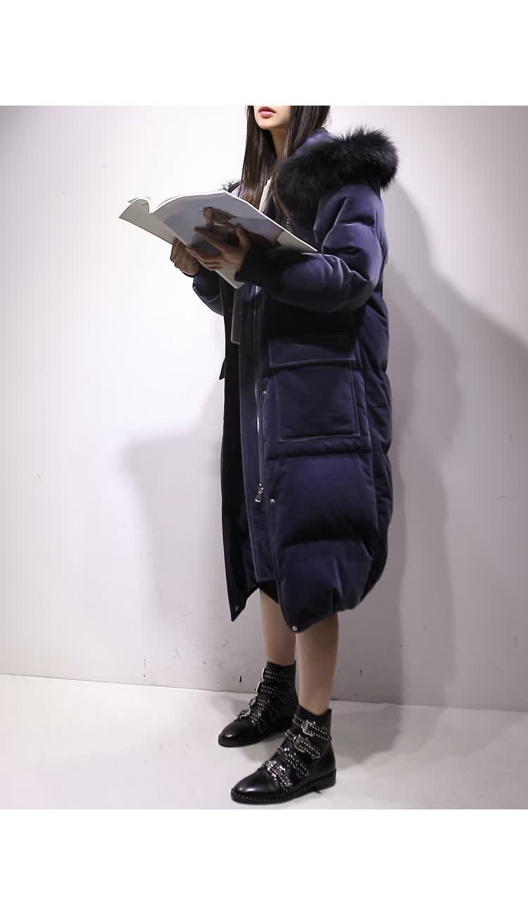 嘉茱莉冬装韩版大毛领长款过膝金丝绒羽绒服女烟灰蓝xs