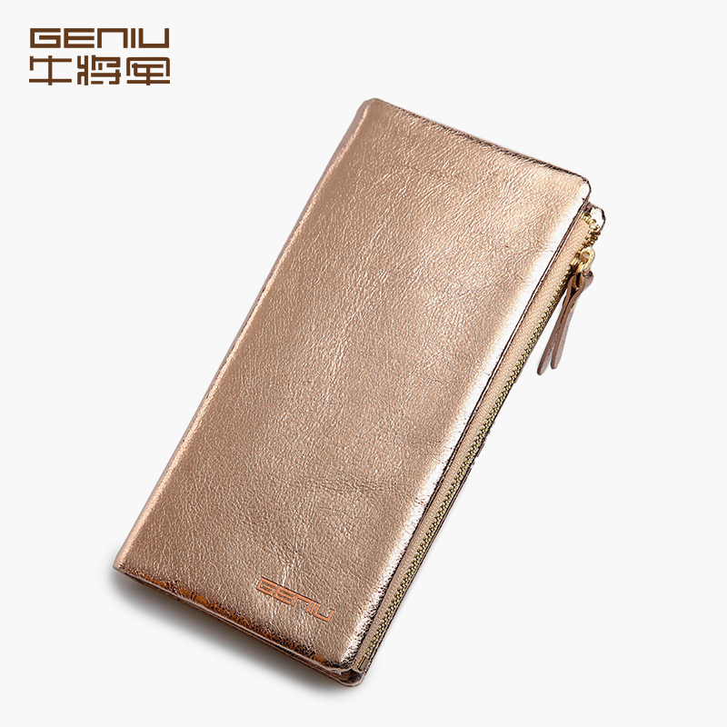 牛将军geniu女士长款时尚真皮拉链钱包卡包 灰色