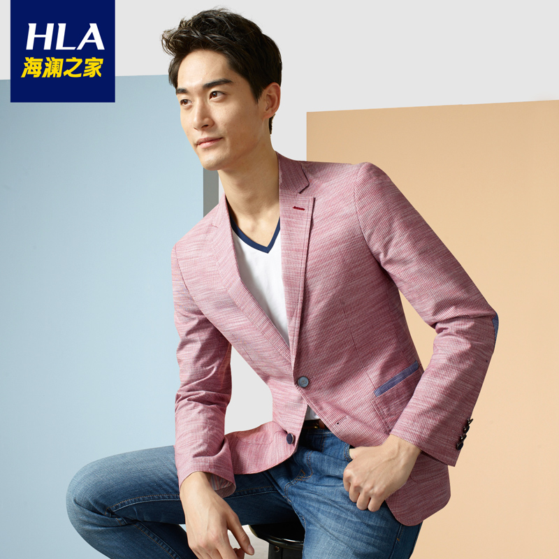 海澜之家2015春季新品 男装男士清新格纹休西服外套hwxad1a023a 粉红