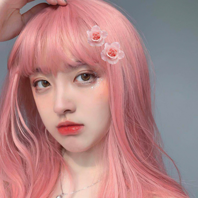 中长直发米白金色欧美网红主播cos空气刘海自然全头套lisa同款 浅粉色