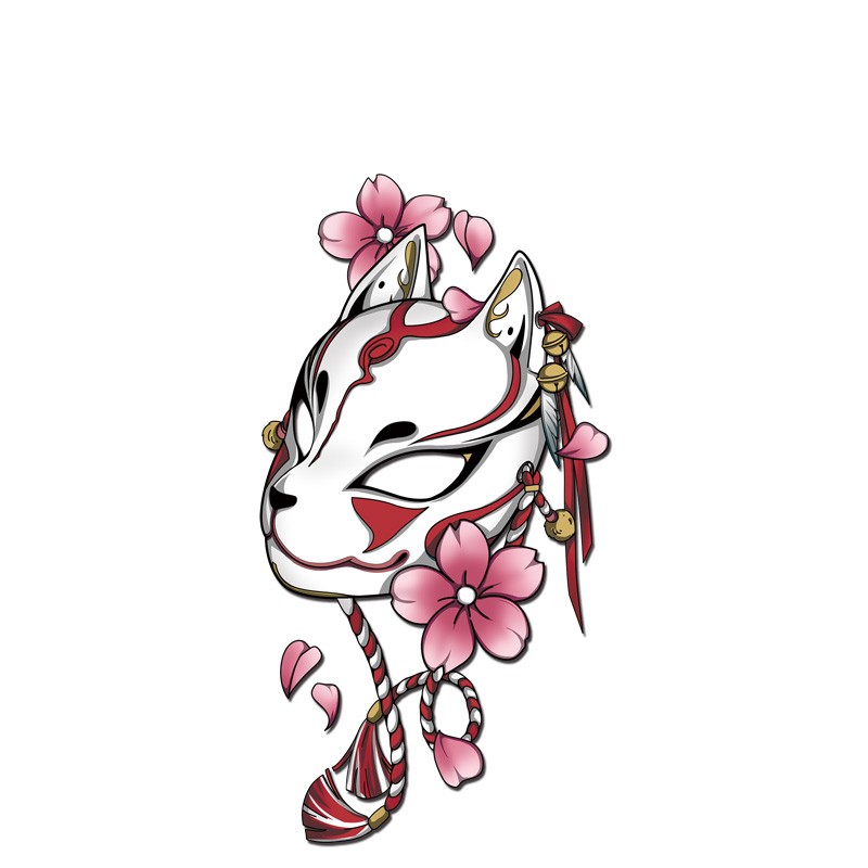 浮生 狐狸面具车贴日式和风狐妖樱花贴纸划痕动漫贴电动摩托车汽车