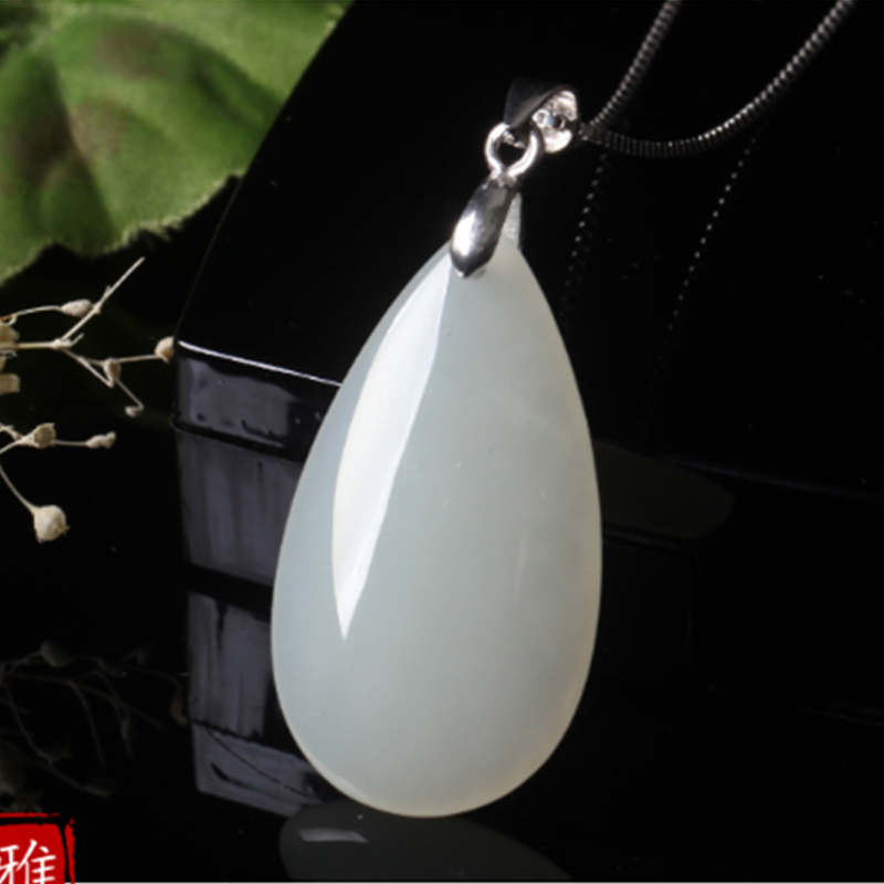 美雅福和田玉吊坠925银镶玉水滴玉坠女款白玉石吊坠项链挂坠925银镶嵌