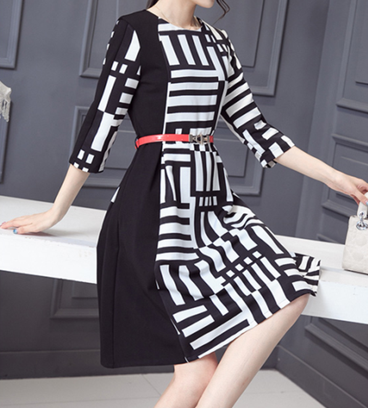 恋百如时尚秋装夏季连衣裙长袖雪纺印花长裙A