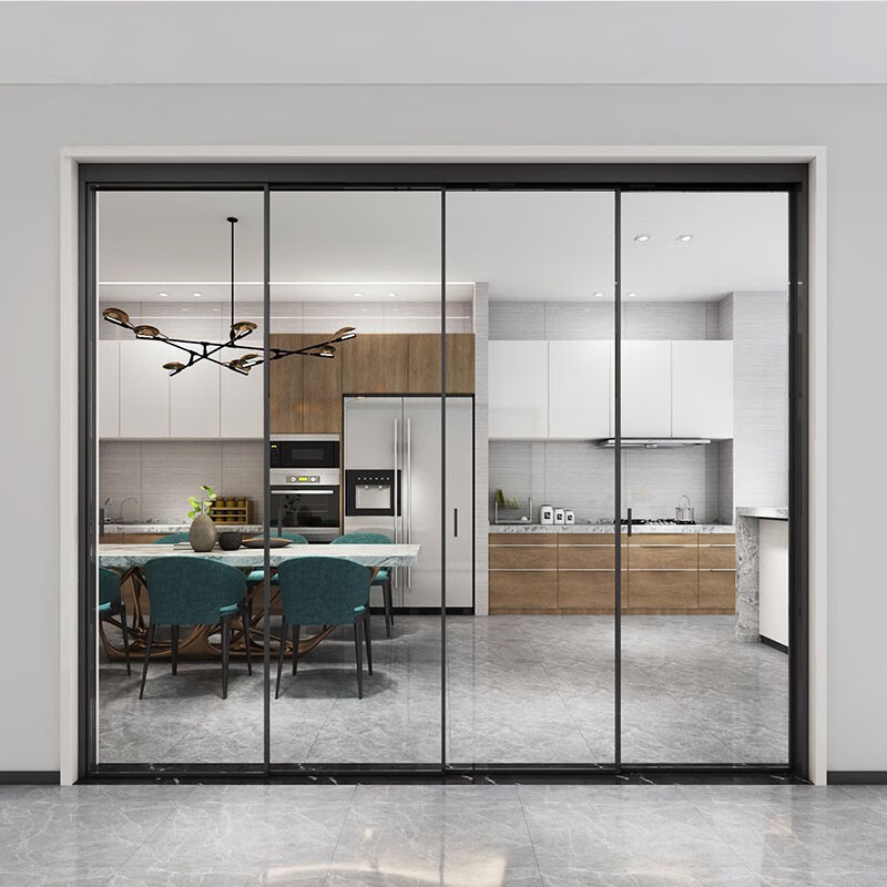 贝尔奇三联动玻璃推拉门16/07极简窄边框厨房门灰油砂玻璃移门地轨铝